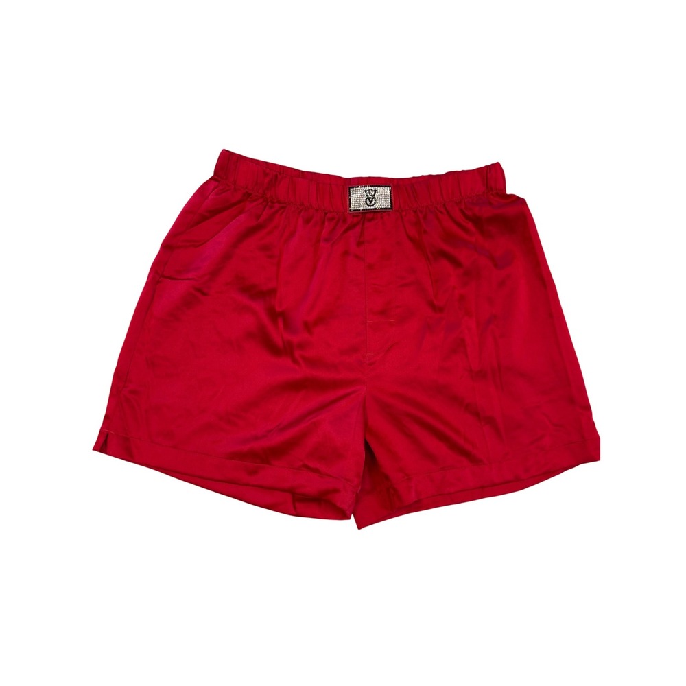 NWOT Victorias Secret Red Satin Pajama Shorts Rhinestone Logo XS
